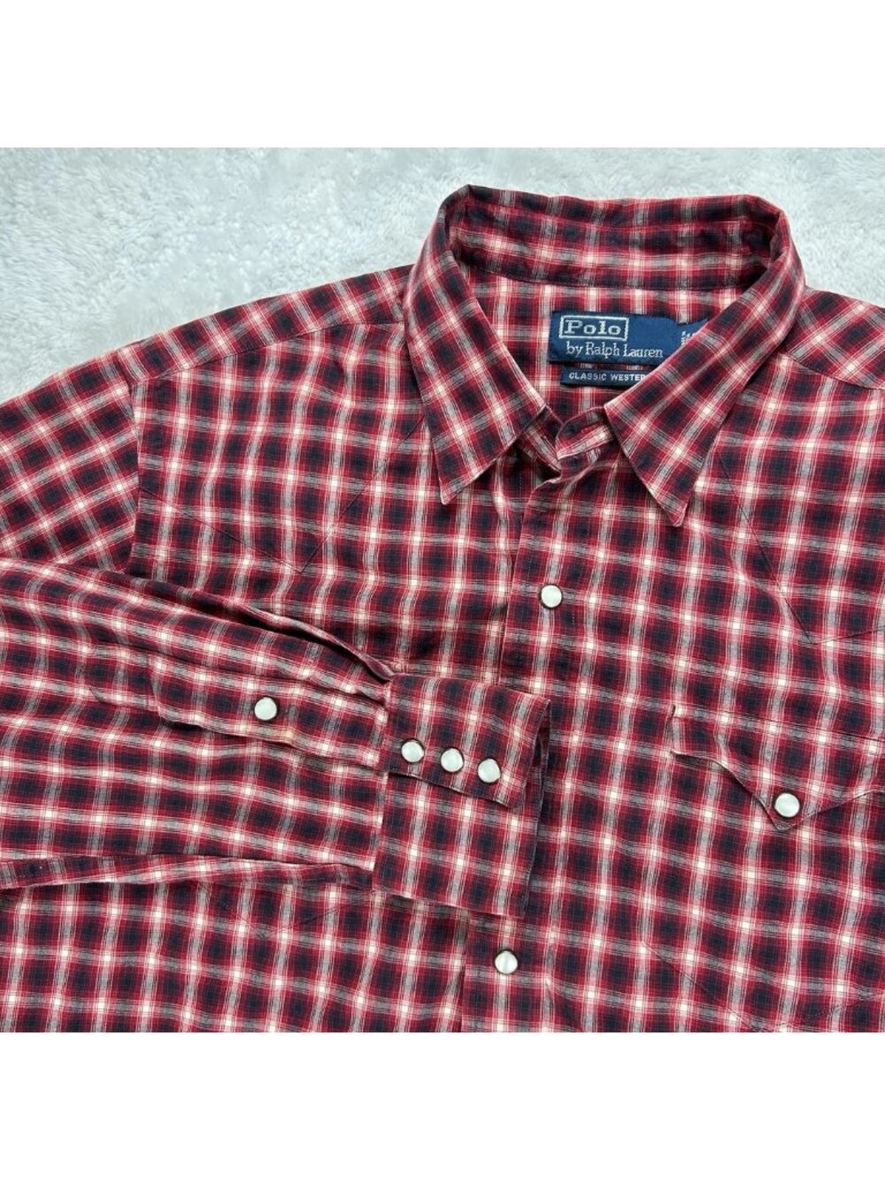 Vintage Polo Ralph Lauren Pearl Snap Shirt Mens Lg Red/Black Plaid “Read”‎